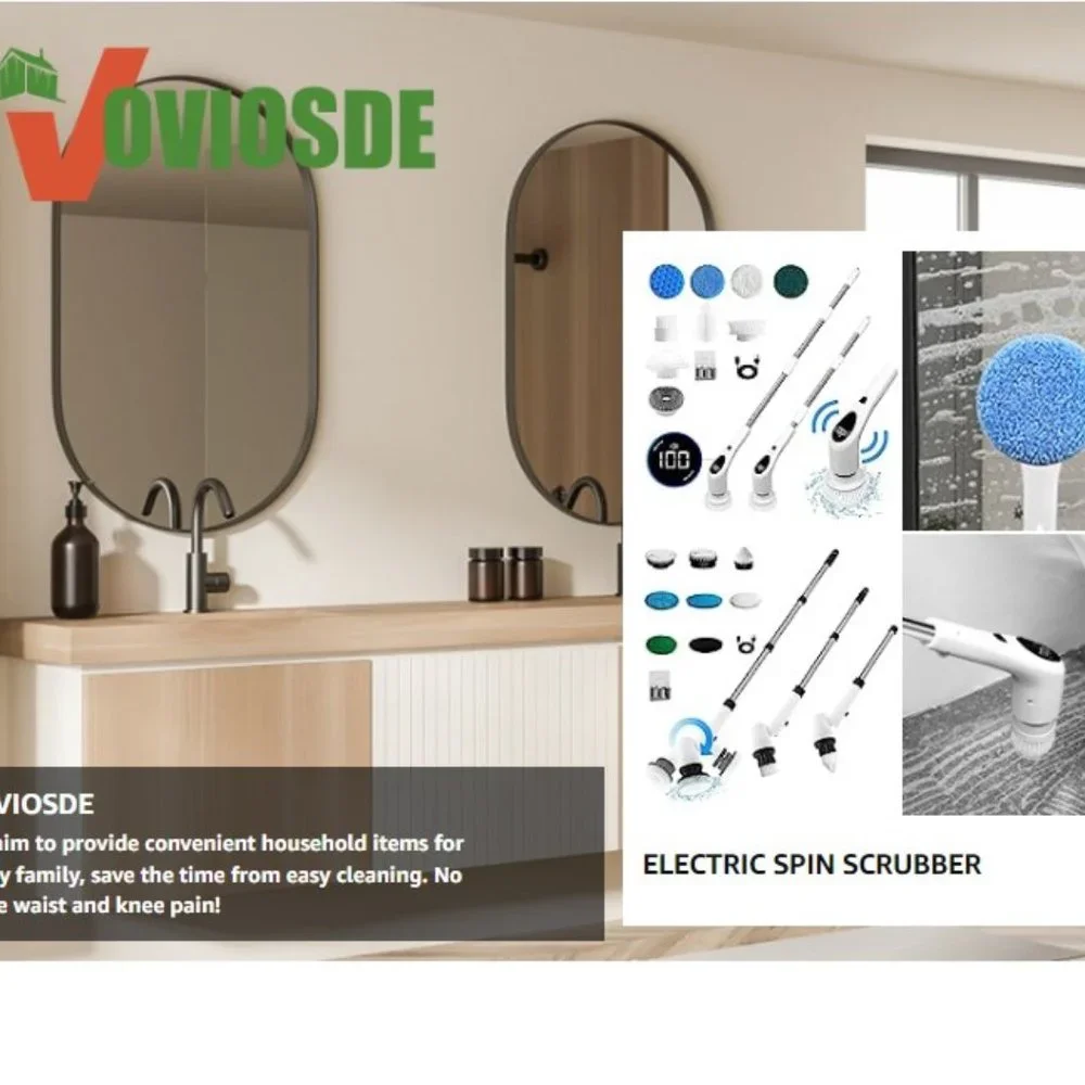Cordless LED Electric Spin Scrubber/ Voice Prompt/ 3 Speeds/ Extension Arm/ IPX7